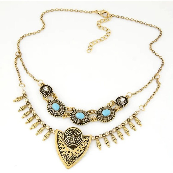 Boho Statement Necklace  Gold Tone Tribal Pendant w/ Turquoise Accents NEW - Picture 3 of 3